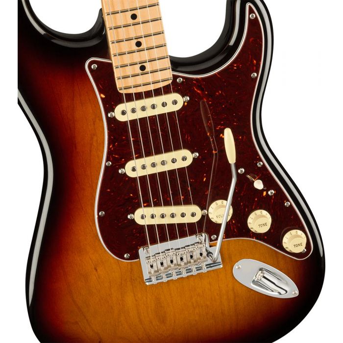 Closeup of the body on a Fender American Professional II Stratocaster MN, 3-Color Sunburst