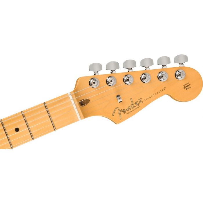 Closeup of the headstock on a Fender American Professional II Stratocaster MN, Olympic White