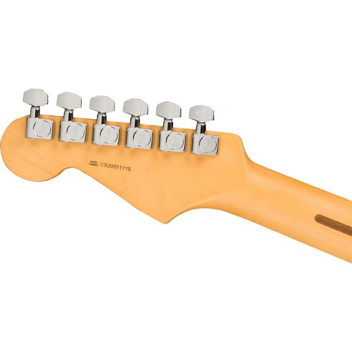 Rear view of the headstock on a Fender American Professional II Stratocaster MN, Olympic White