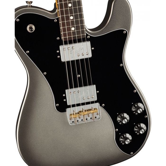 Closeup of the body on a Fender American Professional II Telecaster RW, Deluxe Mercury