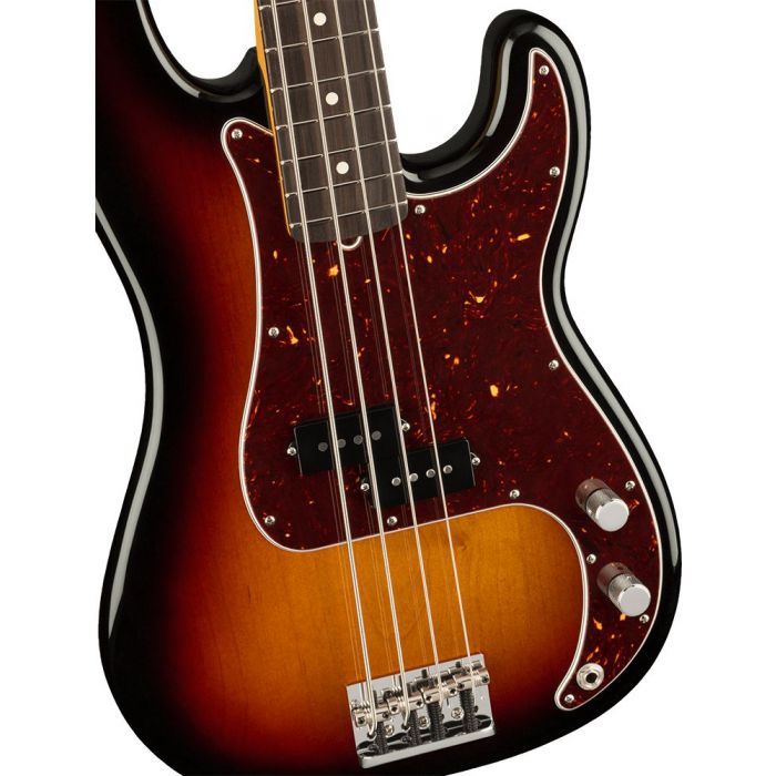 Closeup of the body on a Fender American Professional II Precision Bass RW, 3-Color Sunburst