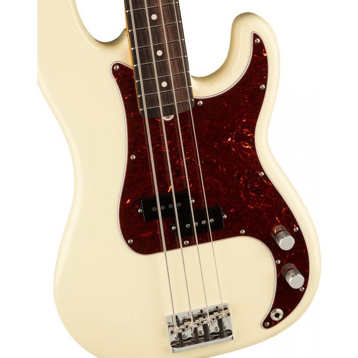 Closeup of the body on a Fender American Professional II Precision Bass RW, Olympic White