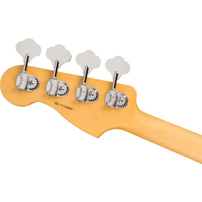 Rear view of the headstock on a Fender American Professional II Precision Bass RW, Olympic White