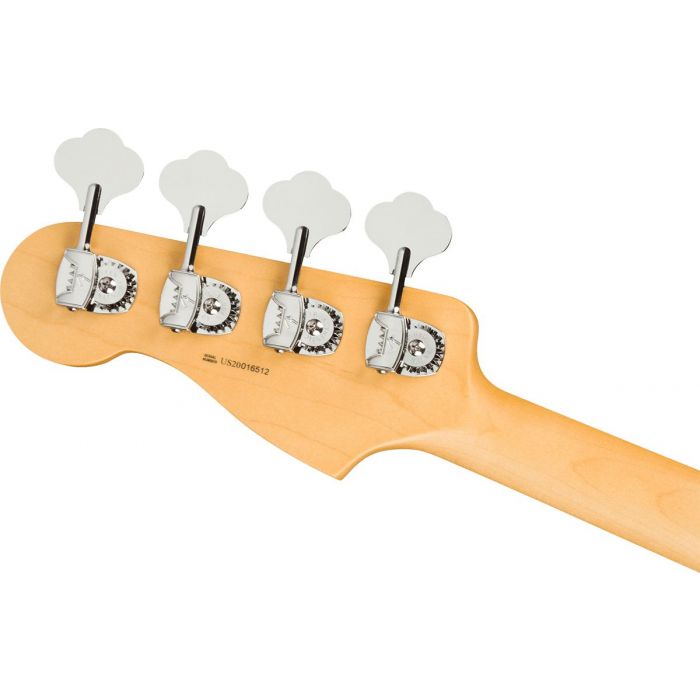 Rear view of the headstock on a Fender American Professional II Precision Bass MN, Olympic White