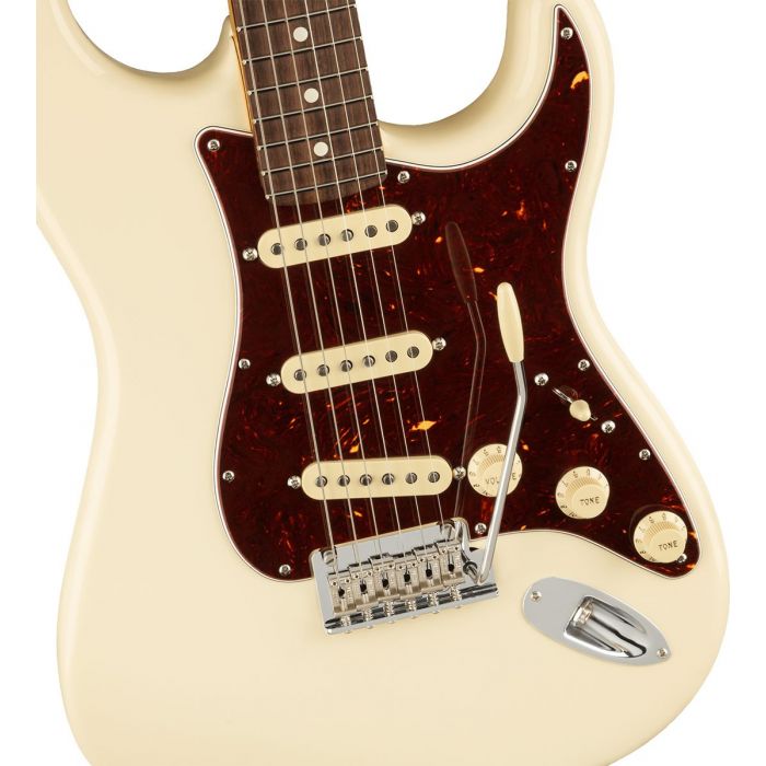Closeup of the body on a Fender American Professional II Stratocaster RW, Olympic White