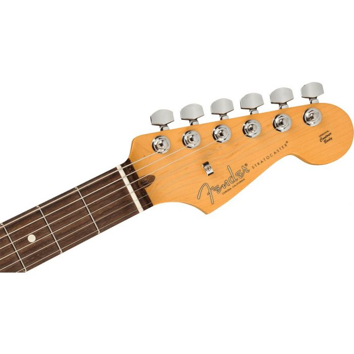 Front view of the headstock on a Fender American Professional II Stratocaster RW, Olympic White