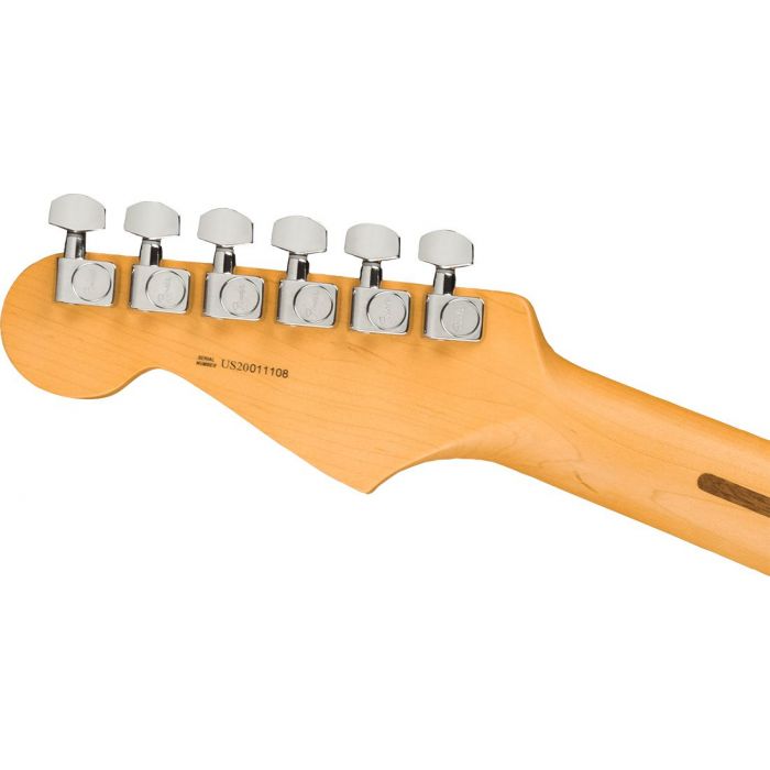 Rear view of the headstock on a Fender American Professional II Stratocaster RW, Olympic White