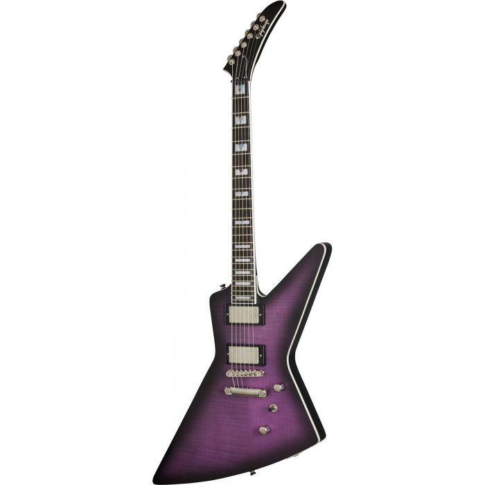 Full frontal view of an Epiphone Extura Prophecy Purple Tiger Aged Gloss