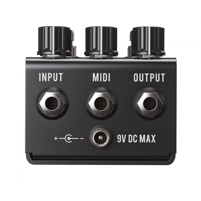 Closeup of the inputs on a Jackson Audio Bloom V2 MIDI Dual Compressor Pedal