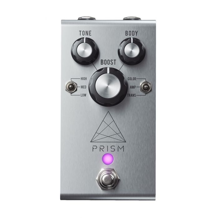 Top-down view of a Jackson Audio Prism Buffer Boost, EQ and Overdrive Pedal