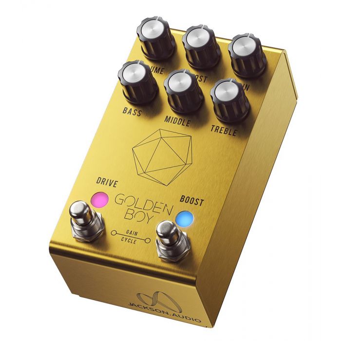 Front angled view of a Jackson Audio Golden Boy Overdrive Pedal