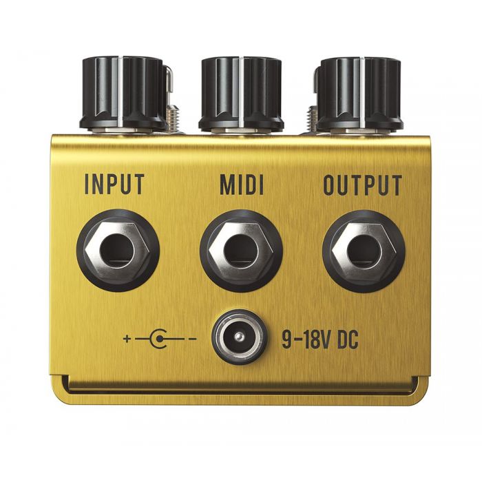 Closeup of the inputs on a Jackson Audio Golden Boy Overdrive Pedal