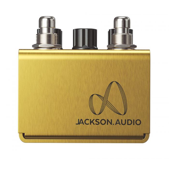 Closeup of the logo on a Jackson Audio Golden Boy Overdrive Pedal