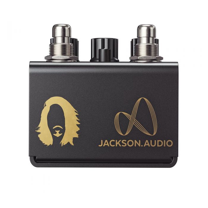 Closeup of the logo on a Jackson Audio ASABI Mateus Asato Signature Overdrive Pedal
