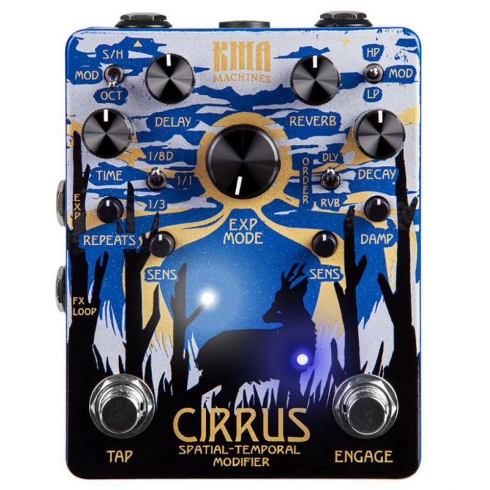 Top down view of an active KMA Audio Machines Cirrus ICE Delay and Reverb Pedal