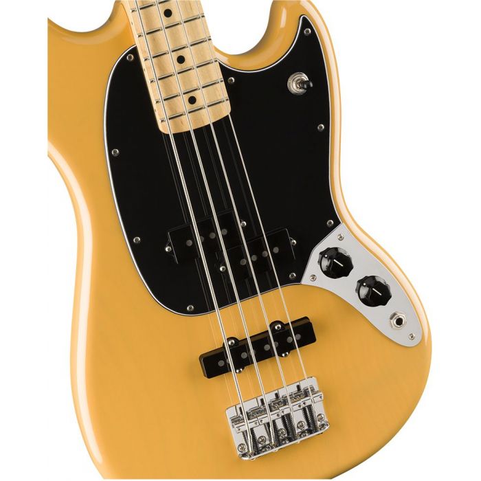 Closeup of the body on a Fender Ltd Edition Player Mustang Bass, Butterscotch Blonde