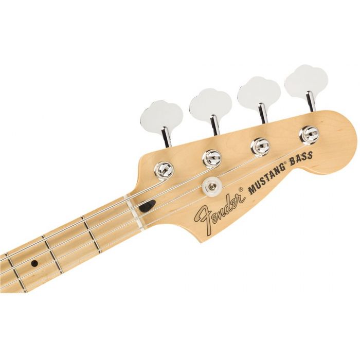 Front view of the headstock on a Fender Ltd Edition Player Mustang Bass, Butterscotch Blonde