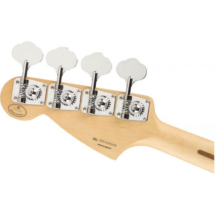 Rear view of the headstock on a Fender Ltd Edition Player Mustang Bass, Butterscotch Blonde