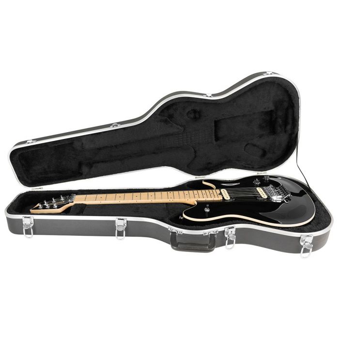 Full view of a Peavey HP2 Electric Guitar Tremolo, Black in its case