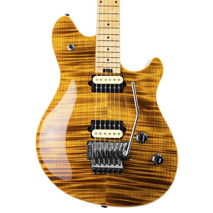 Closeup of the body on a Peavey HP2 Electric Guitar Tremolo, Tiger Eye