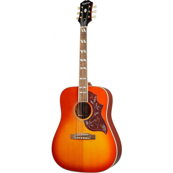 Full frontal view of an Epiphone Inspired By Gibson Hummingbird, Aged Cherry Sunburst
