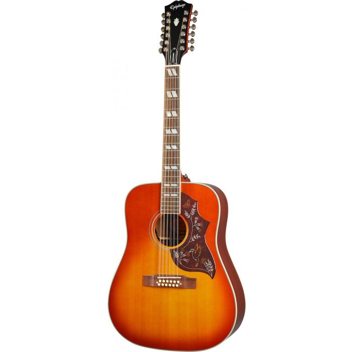Full frontal view of an Epiphone Inspired By Gibson Hummingbird 12-string, Aged Cherry Sunburst