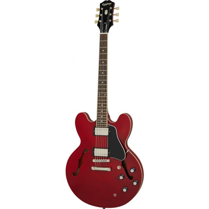 Full frontal view of an Epiphone Inspired By Gibson ES-335 Guitar, Cherry