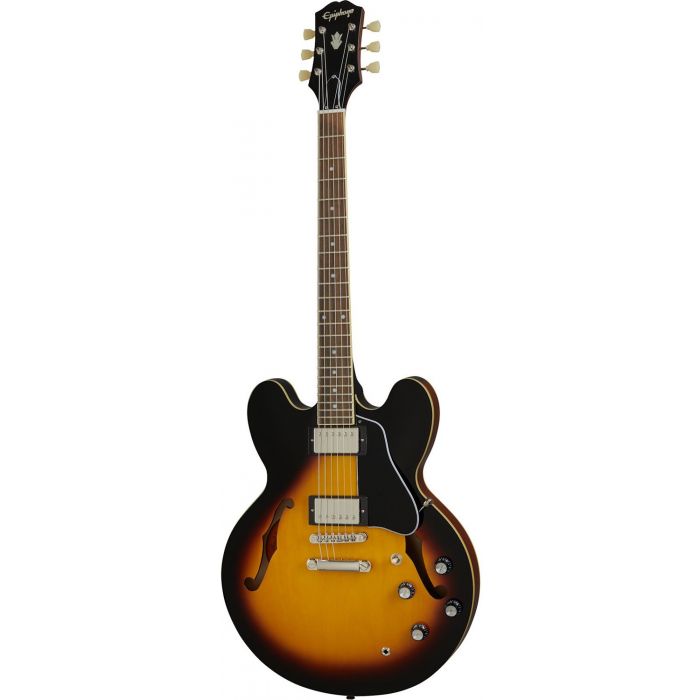 Full frontal view of an Epiphone Inspired By Gibson ES-335 Vintage Sunburst