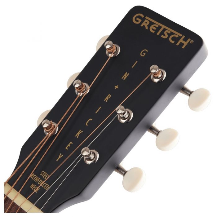 Close up of the headstock of the Gretsch G9520E Gin Rickey Electro-Acoustic in Smokestack Black