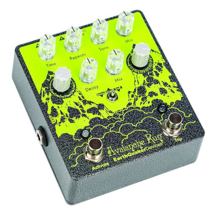 Front angled view of a EarthQuaker Devices Avalanche Run V2 RYO Edition Reverb and Delay