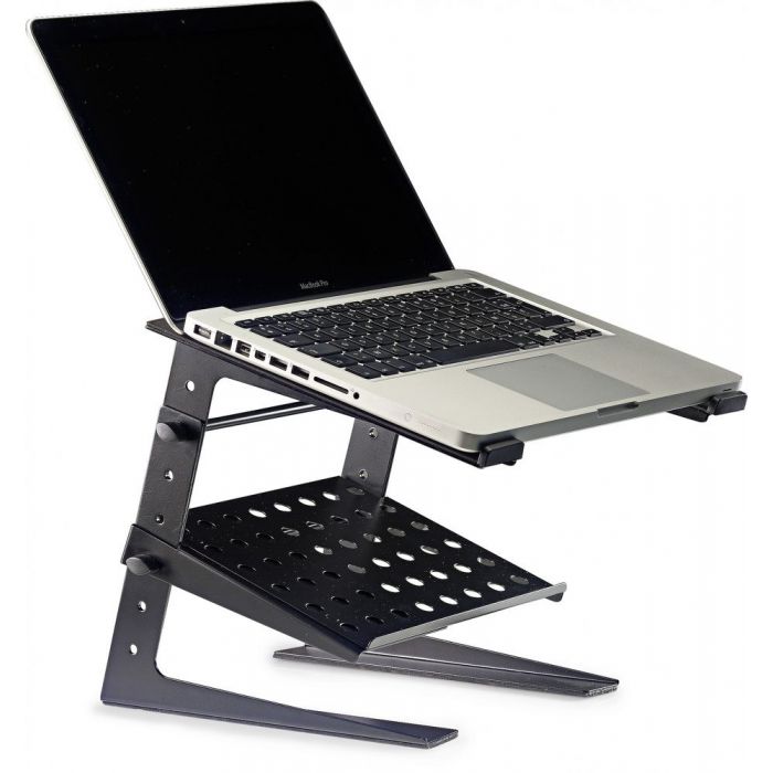 The Stagg DJS-LT20 Professional DJ Desktop Stand with Lower Support Plate in practice with laptop