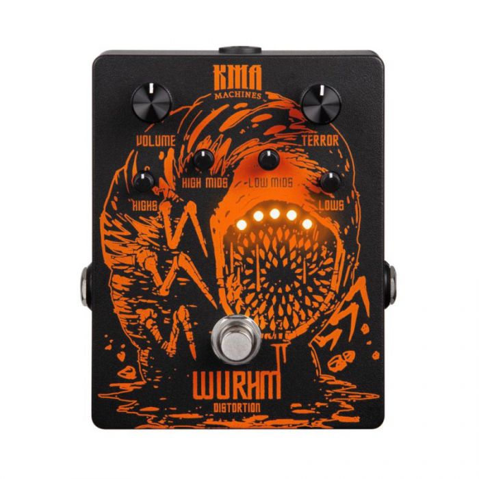 Top down view of an activated KMA Machines Limited Edition Wurhm Distortion Pedal