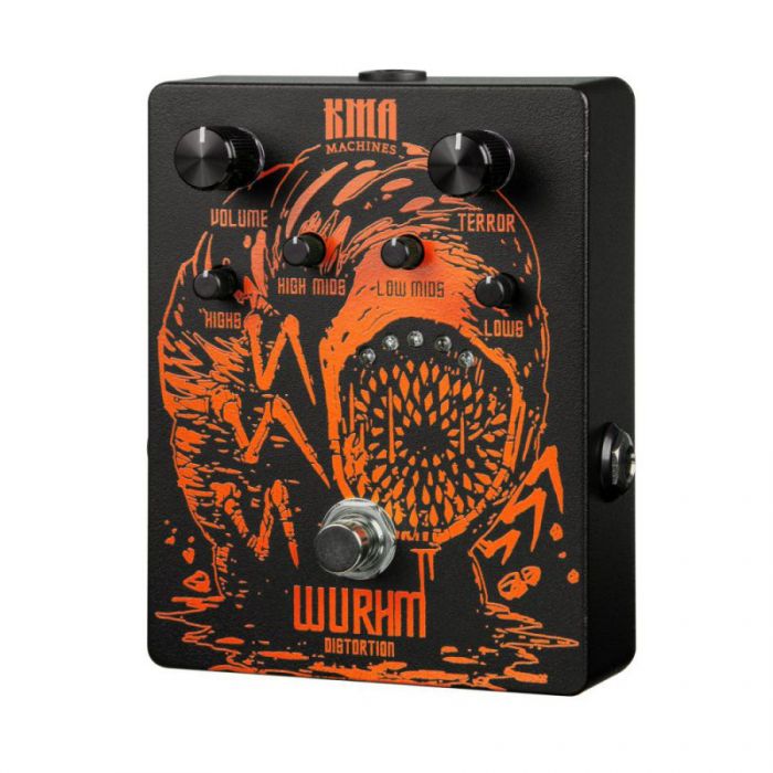 Right angled view of a KMA Machines Limited Edition Wurhm Distortion Pedal