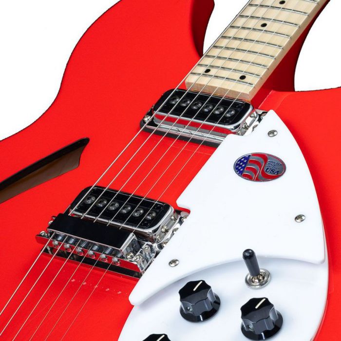 Closeup of the body on a Rickenbacker Ltd Edition 330 Pillarbox Red Electric Guitar