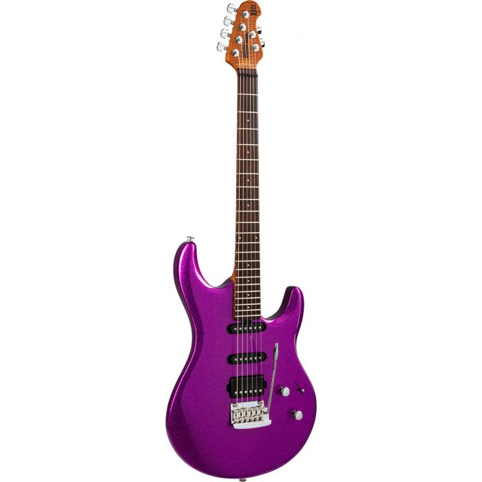 Front angled view of a Music Man Luke 3 HSS Electric Guitar, Fuschia Sparkle