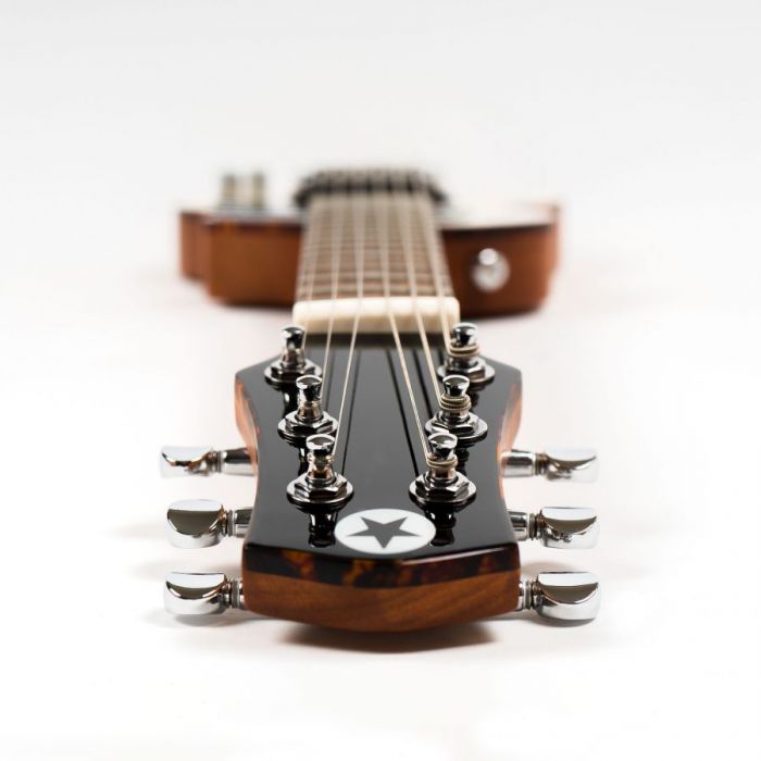 Angled view of the headstock on a Carry-On by Blackstar Travel Guitar White
