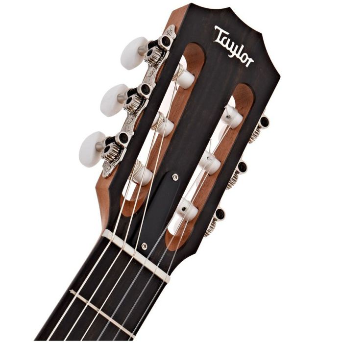 Closeup of the headstock on a Taylor 214ce-N Nylon String Guitar, Natural