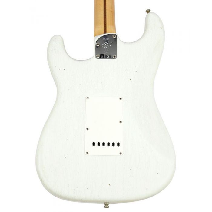 Rear view of the body on a Fender Custom Shop Postmodern Strat HSS Relic RW Olympic White