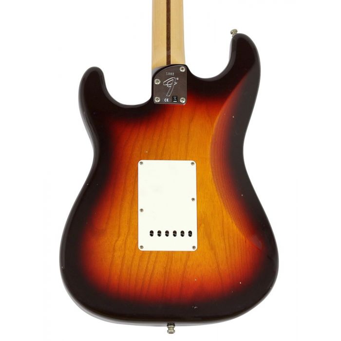 Rear view of the body on a Fender Custom Shop Postmod Strat Relic RW Choc 3T Sunburst
