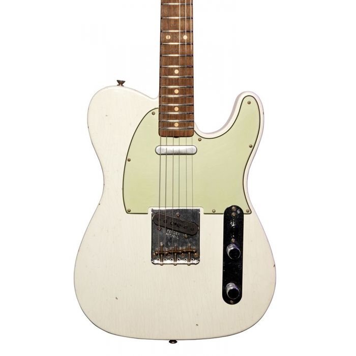 Closeup of the body on a Fender Custom Shop 60 Telecaster Relic RW Olympic White