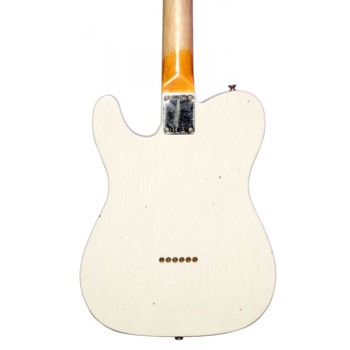 Rear view of the body on a Fender Custom Shop 60 Telecaster Relic RW Olympic White