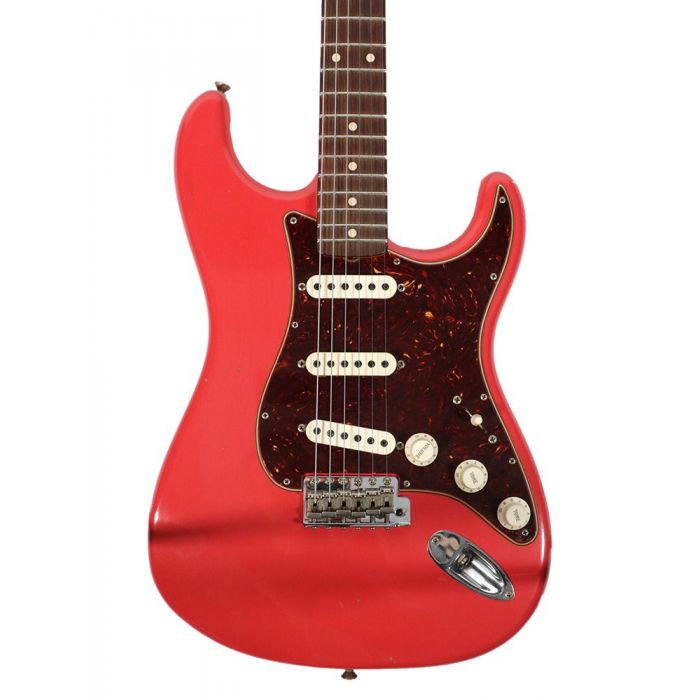 Front view of the body on a Fender Custom Shop 62 Strat Journeyman Relic RW Fiesta Red