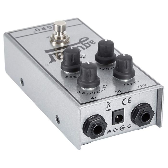 Closeup of the inputs on a Aguilar Effect Pedal AGRO Anniversary Edition Bass Overdrive