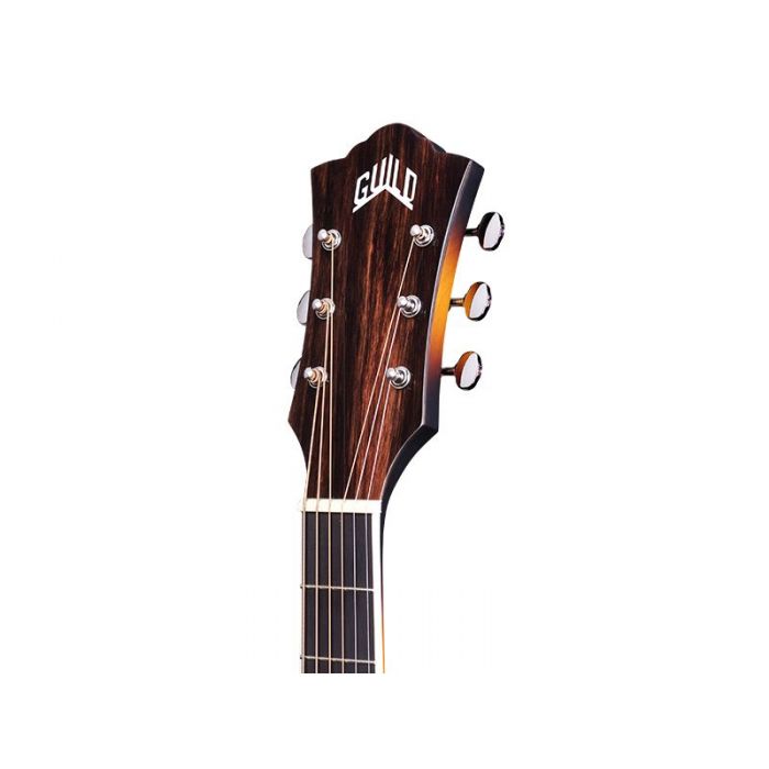 Headstock close up of the Guild F-250CE Deluxe Maple Electro Acoustic Antique Burst