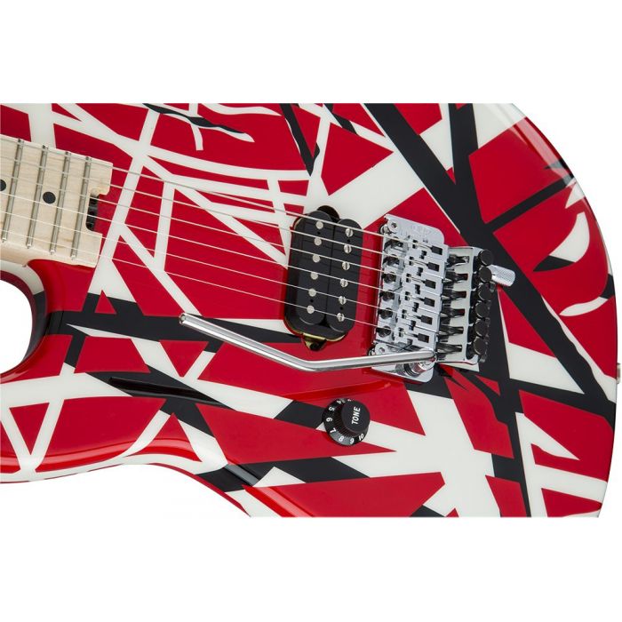 Closeup of the body on an EVH Striped Series Electric Guitar, Red Black And White
