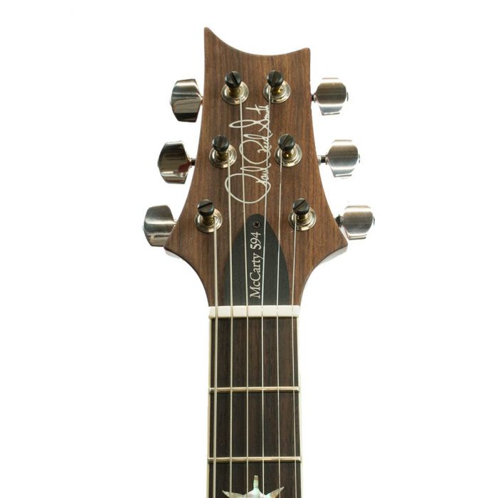 Front view of the headstock on a PRS Singlecut McCarty 594 Semi-Hollow Ltd Edition McCarty Sunburst