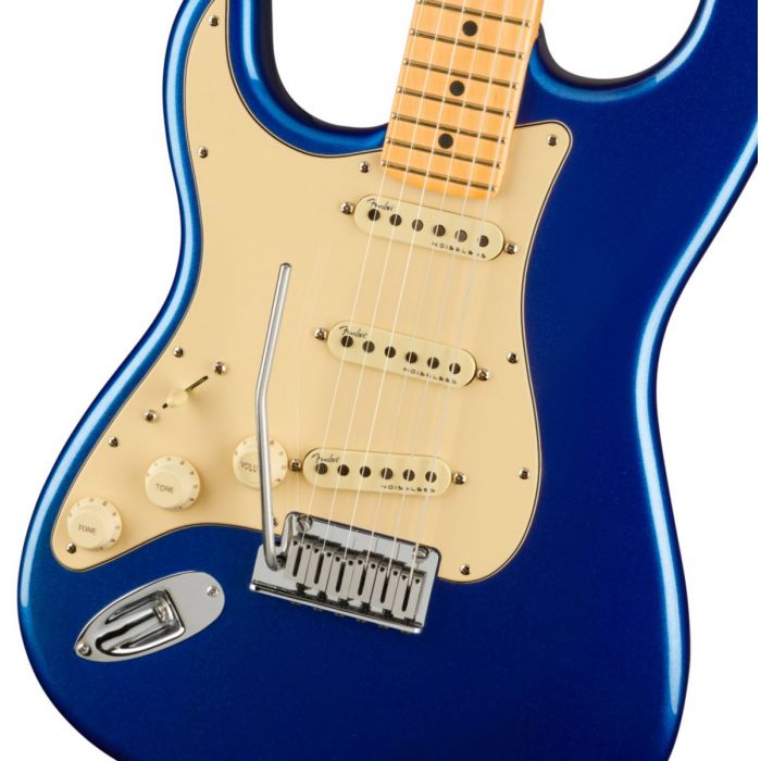 Body close up of the Fender American Ultra Stratocaster Left-Hand MN Cobra Blue