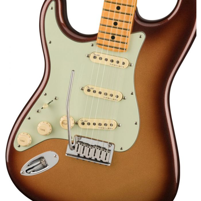 Body close up of the Fender American Ultra Stratocaster Left-Hand MN Mocha Burst