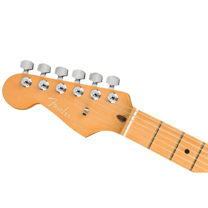 Headstock view of the Fender American Ultra Stratocaster Left-Hand MN Mocha Burst