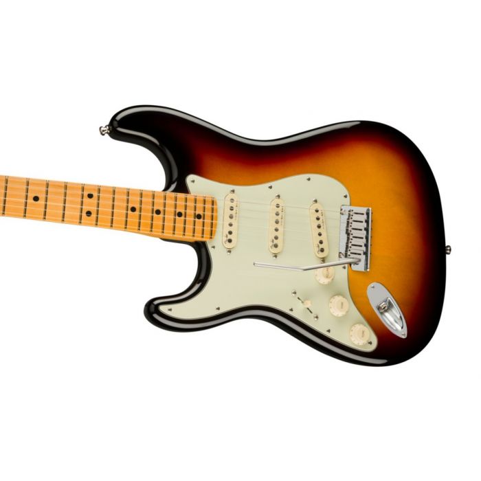 Angled body close up of the Fender American Ultra Stratocaster Left-Hand MN Ultraburst